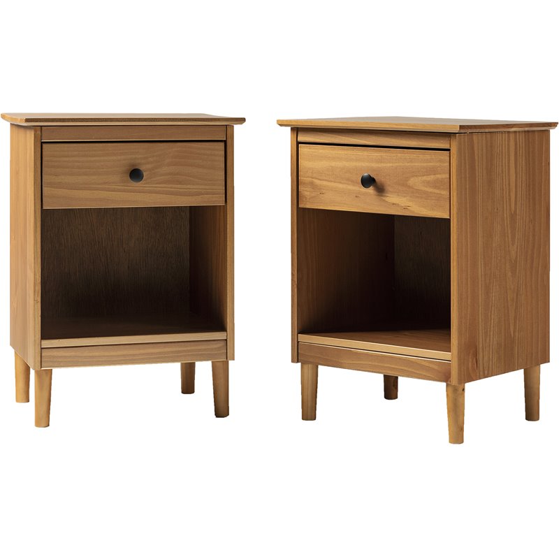 Mid-Century Solid Wood 1-Drawer Bedroom Nightstand in Caramel (Set of 2)