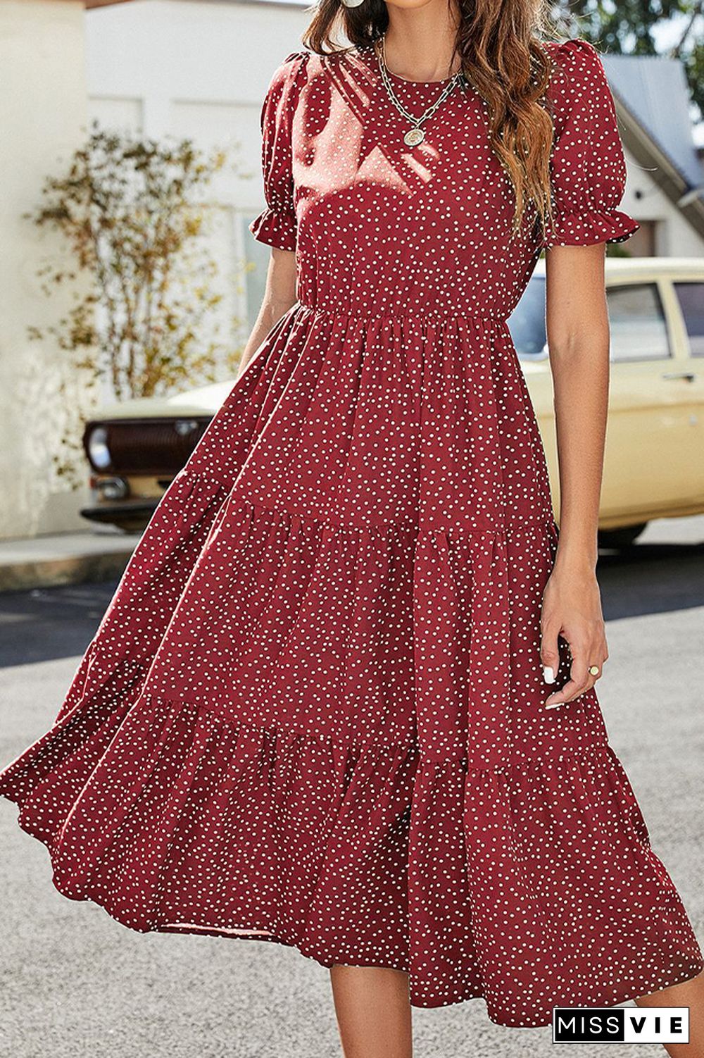 Polkadot Print Puff Sleeve Long Dress Wholesale