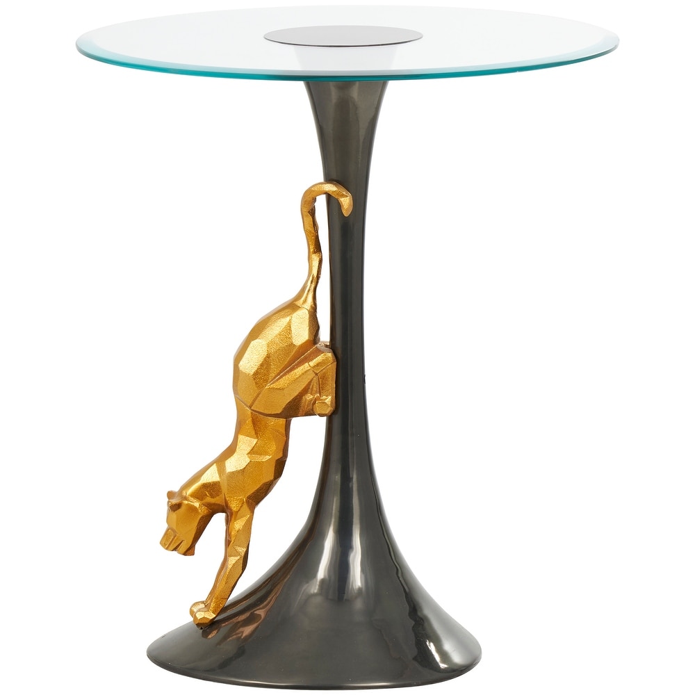 Black Aluminum Accent Table with Gold Leopard Accent and Tempered Glass Top  20\