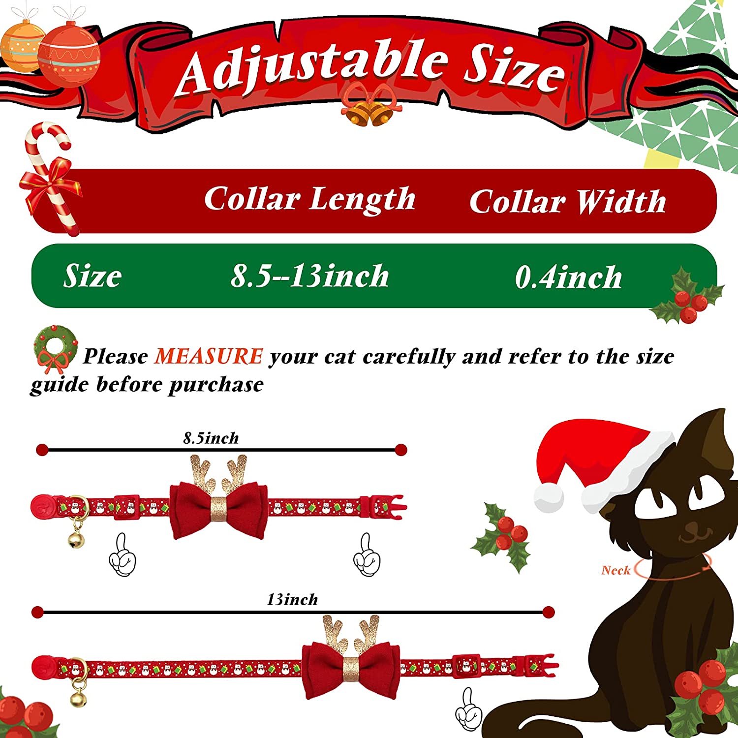 azuza Christmas Cat Collar with Bell 2 Pack Christmas Cat Bowtie with Christmas Tree and Santa Claus Pattern Xmas Breakaway Cat Collar Size Adjustable from 8