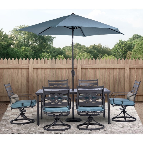 Hanover Montclair 7Piece Dining Set in Ocean Blue with 6 Swivel Rockers，40In. x 66In. Dining Table and 9Ft. Umbrella