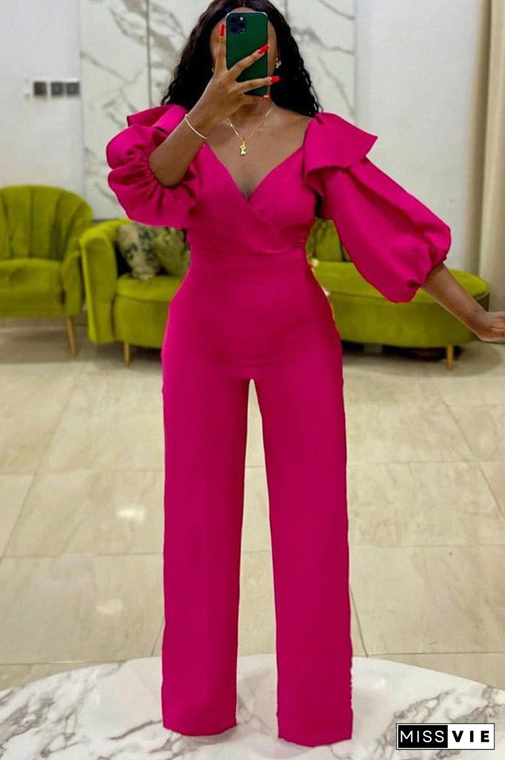 Fuchsia V-neck Long Sleeve Jumpsuit