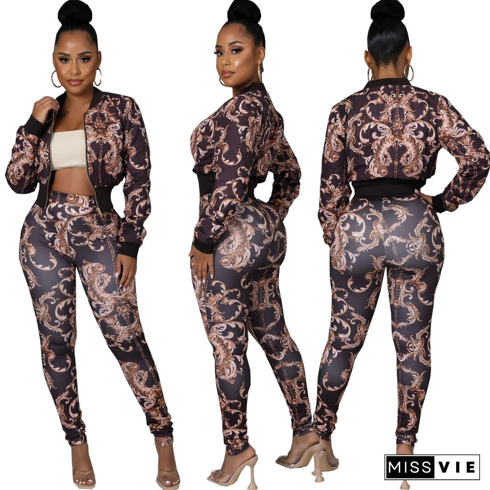 Printed Long Sleeve Zipper Jacket And Pant Suits