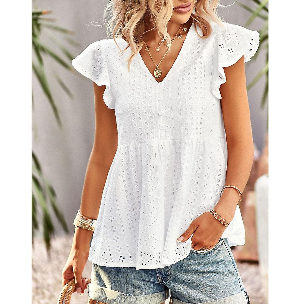 Womens Babydoll Tops Ruffle Sleeve Peplum Tank Top Deep V Neck Button Down Pleated Blouse Shirts