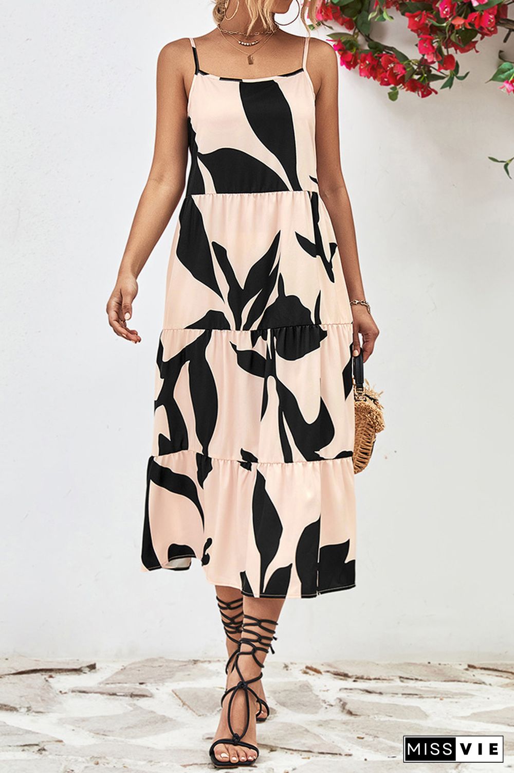 Printed Spaghetti Strap Tiered Maxi Dress