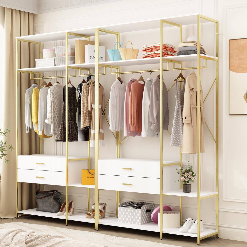 FUFUGAGA White and Gold Freestanding Metal Coat Rack Clothes Rack Closet Organizer with Hanging Rods and Open Shelf Drawers KF020382-01