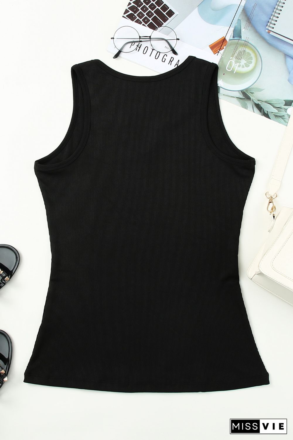 Black Split Neck Ribbed Knit Tank Top