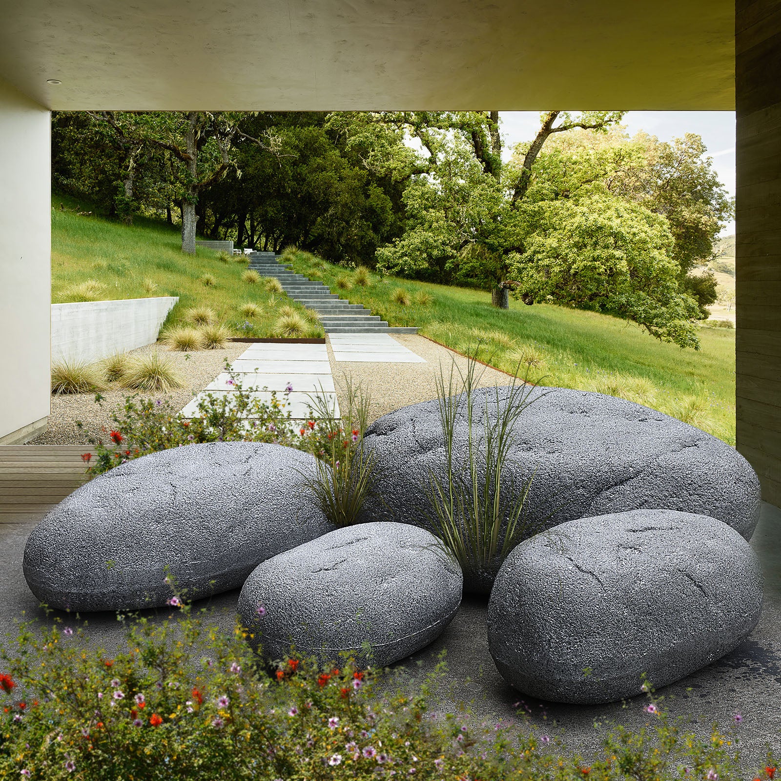 Set Of 4 Outdoor/Indoor Fiberglass Concrete Decorative Rocks/ Stool  Xk-5013A+B+C+D