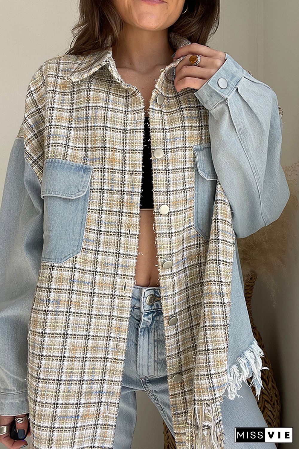 Lt Blue Ripped Denim Splicing Knit Plaid Pocketed Oversized Jackets