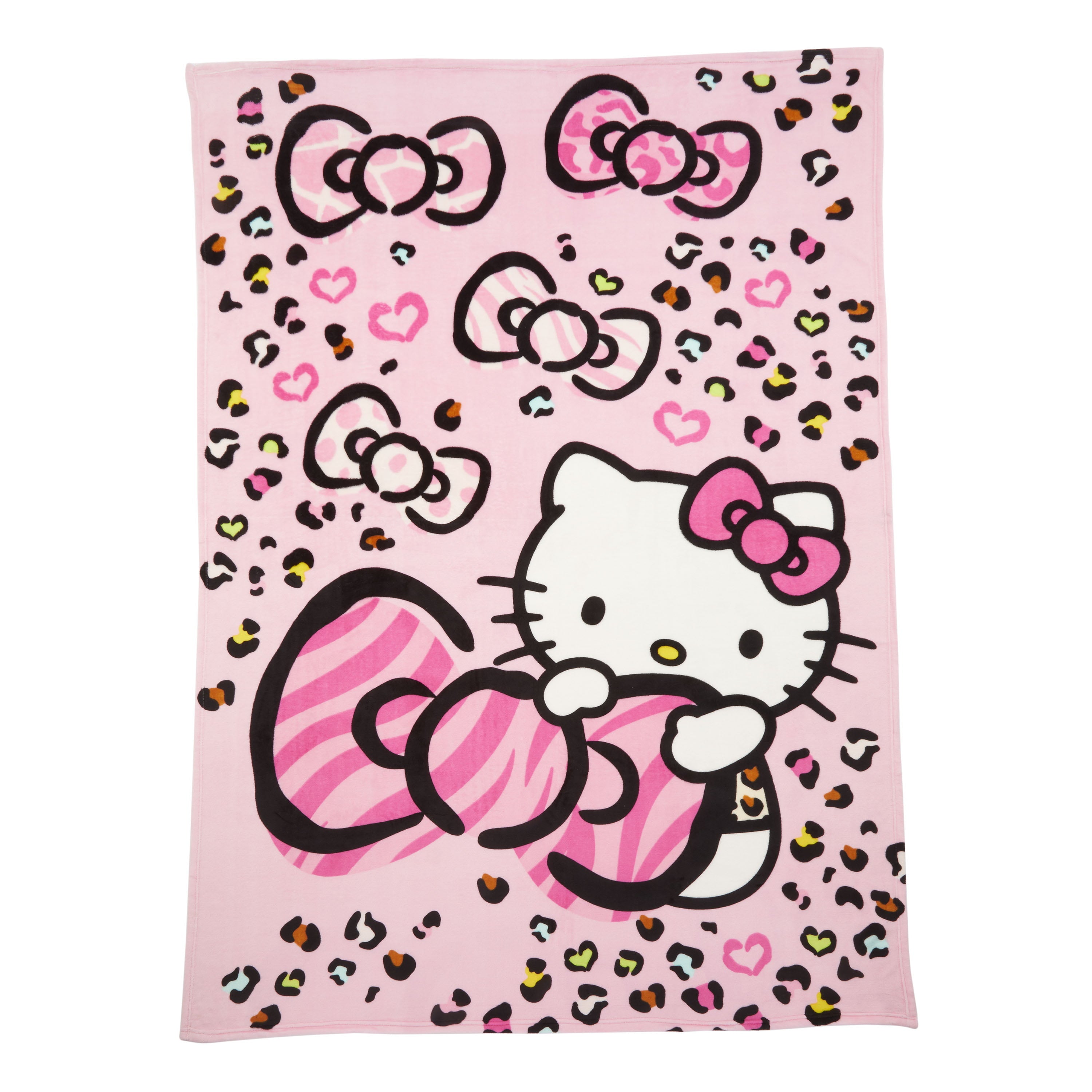 Hello Kitty Kids Plush Twin/Full Blanket， 62 x 90， Pink Animal Print， Sanrio