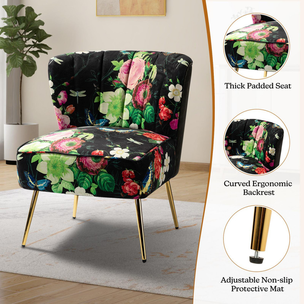 Set of 2 Accent Chair  Wide Seat  ampCurved Back With Floral Upholstery   Midcentury   Armchairs And Accent Chairs   by Decor Love  Houzz