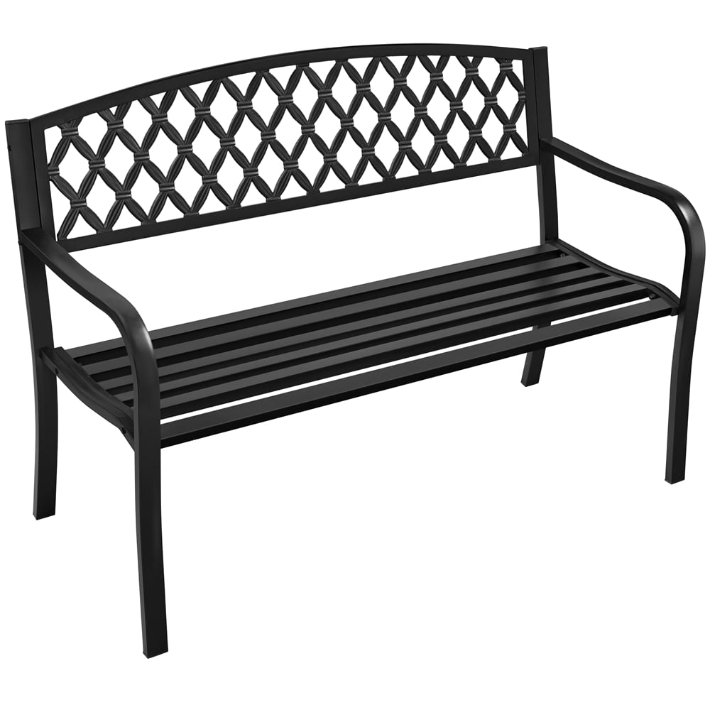 Yaheetech Patio Iron Metal Bench Outdoor Park Garden Bench with Mesh Back Slatted Seat for Yard Front Porch Path Lawn, Black