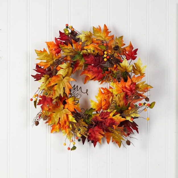 Nearly Natural 24 Autumn Maple Leaf And Berries Artificial Fall Wreath With Twig Base