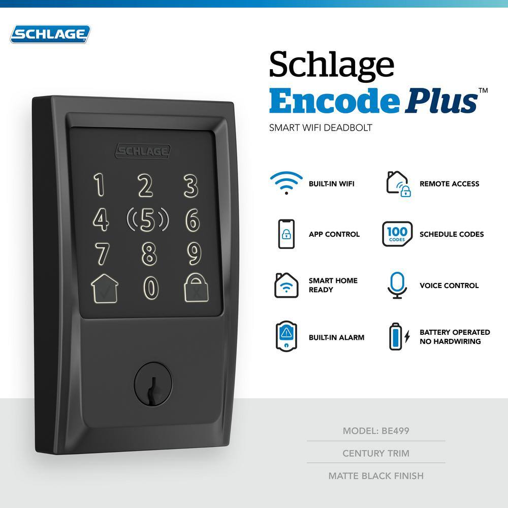 Schlage Century Matte Black Electronic Encode Plus Smart WiFi Deadbolt with Alarm BE499WB V CEN 622