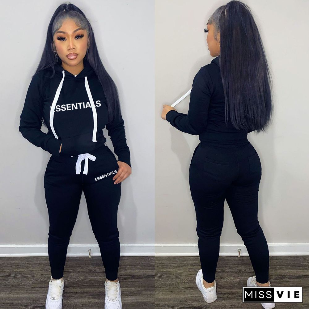 Letter Print Pullovers Hoodie Sweatpants 2 Piece Sets