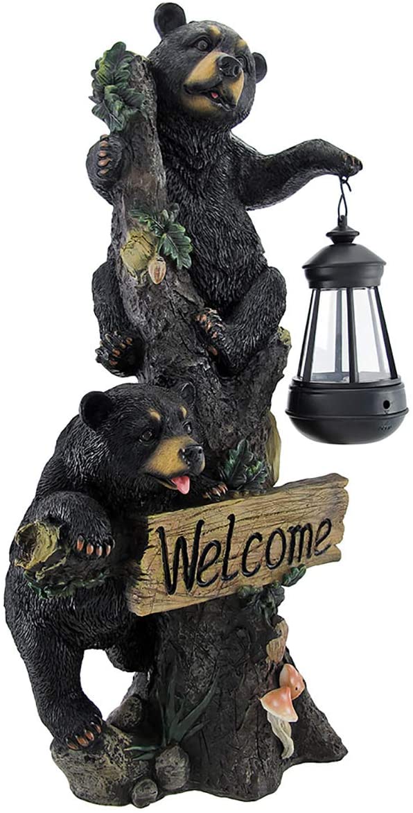 DWK Twin Bears Climbing a Tree Outdoor 18" Porch Sign and Solar LED Light Lamp Outdoor Home Garden Decor Bear Statues