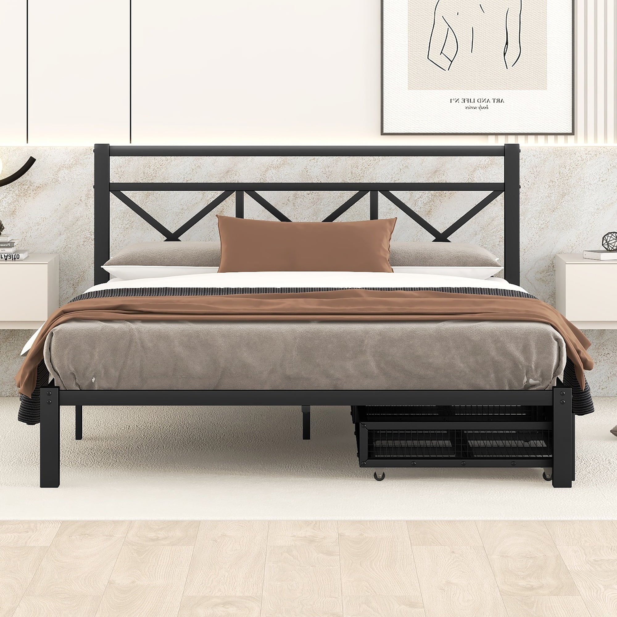 Metal Queen Size Platform Bed with Two Drawers for Living Room, Black