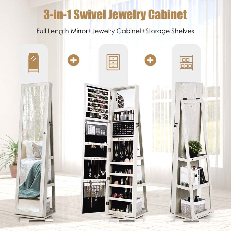 360 Rotating Jewelry Armoire with Higher Full Length Mirror, 3-in-1 Freestanding Lockable Jewelry Cabinet Organizer