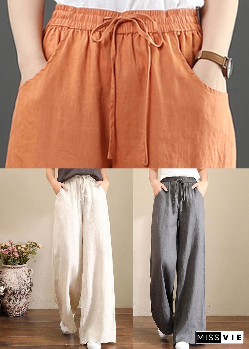 Orange Elastic Waist Linen Straight Pants Solid Color Drawstring Summer