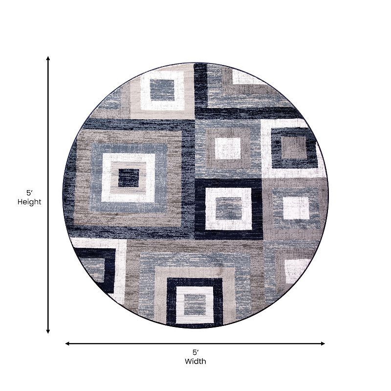 Masada Rugs Newton Collection Modern 5'x5' Round Accent Rug with Geometric Square Pattern in Blue， Gray and White