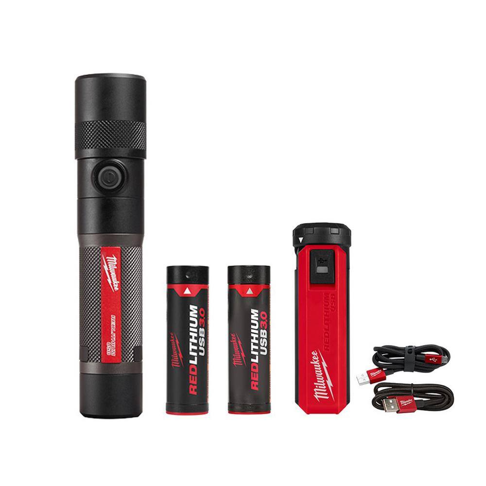 MW 1100 Lumens LED USB Rechargeable Twist Focus Flashlight with REDLITHIUM USB Charger and Portable Power Source Kit 2161-21-48-59-2013