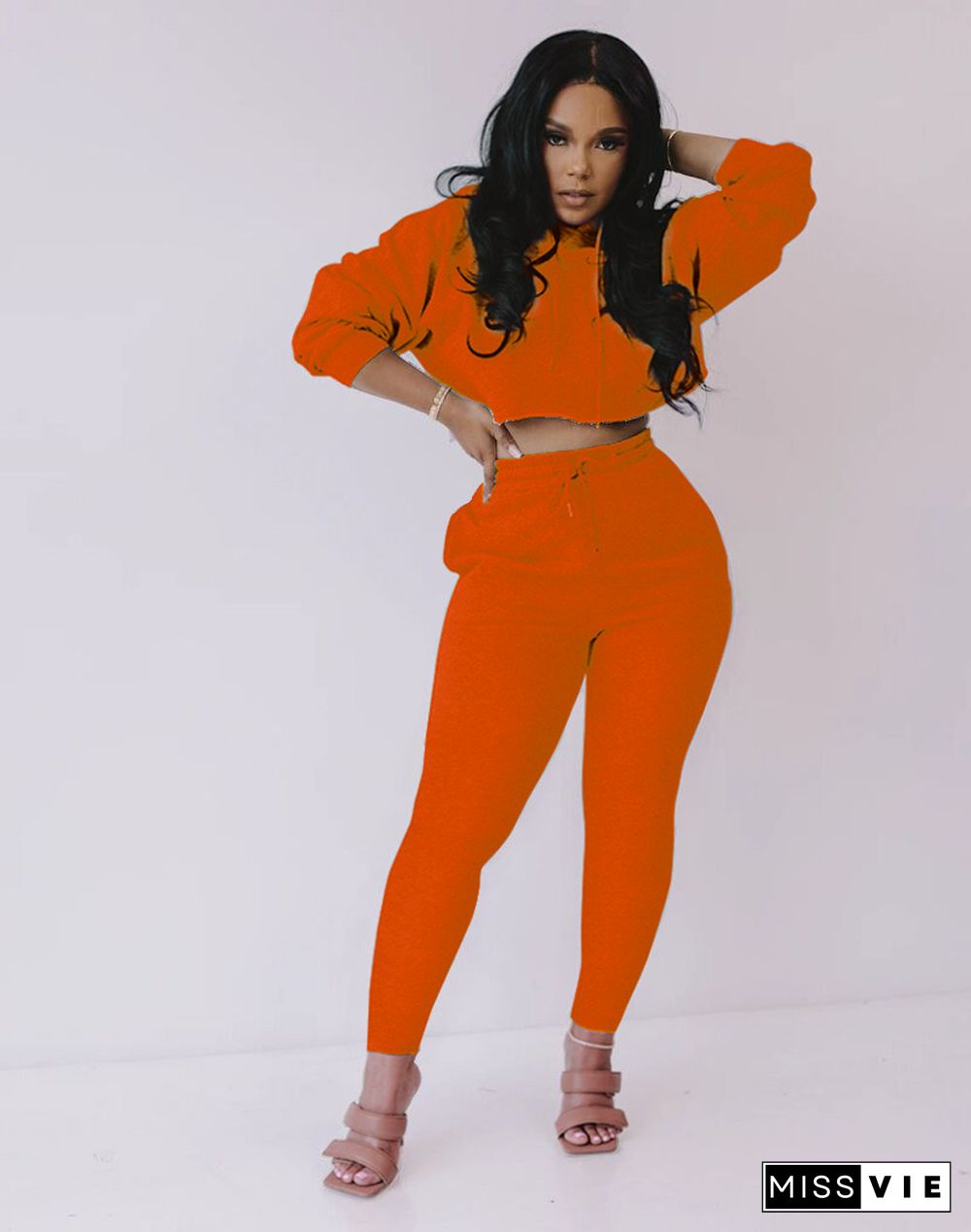 Women Long Sleeve Hoodie Crop Top+Jogger Pants Sport Suit