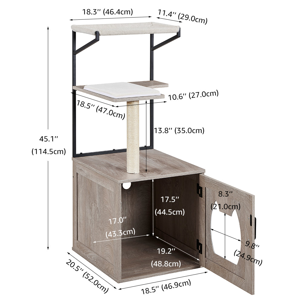 Unipaws Cat Litter Box Furniture with Cat Tree Tower， Wooden Litter Box Enclosure with Soft Perch， Gray