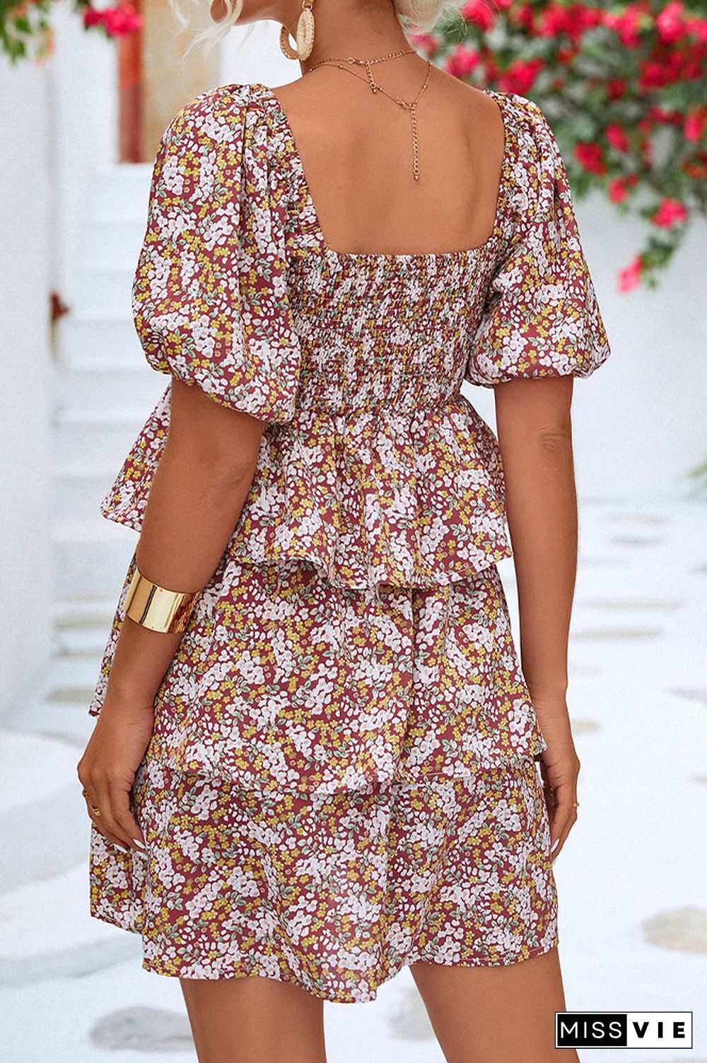 Smocked Square Neck Tiered Floral Dress