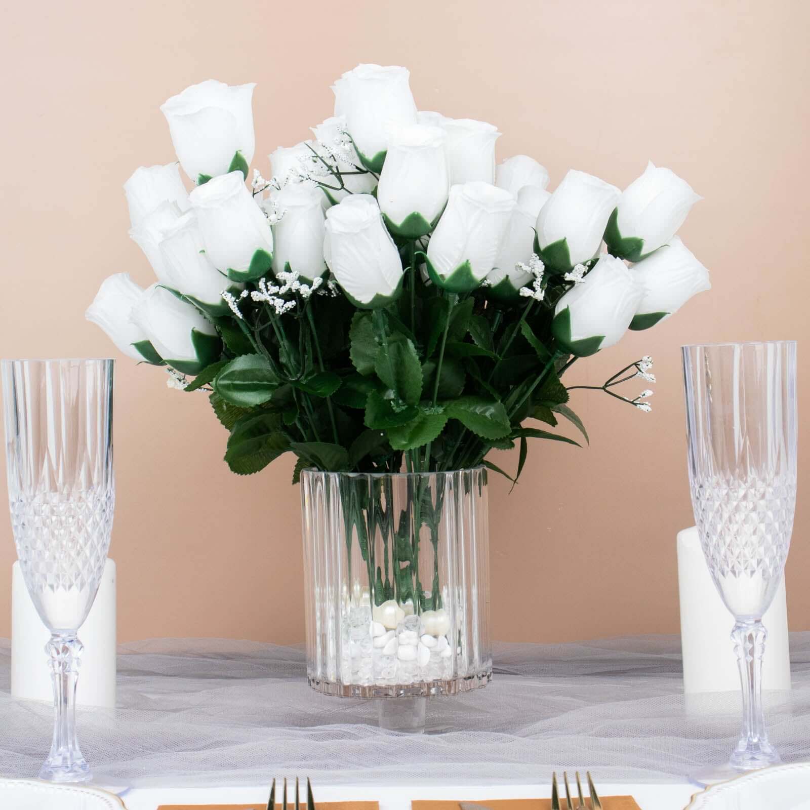 12 Bushes White Artificial Premium Silk Flower Rose Bud Bouquets