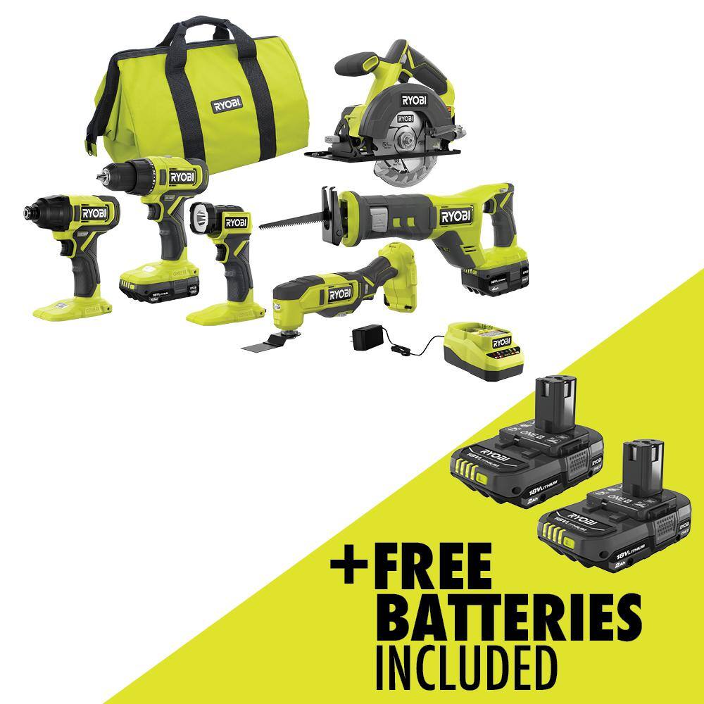 RYOBI ONE+ 18V Cordless 6-Tool Combo Kit with 1.5 Ah Battery 4.0 Ah Battery Charger and FREE 2.0 Ah Battery (2-Pack) PCL1600K2-PBP2006