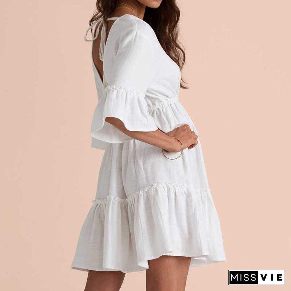 White Midi Sleeve Deep V Back Frill Mini Dress