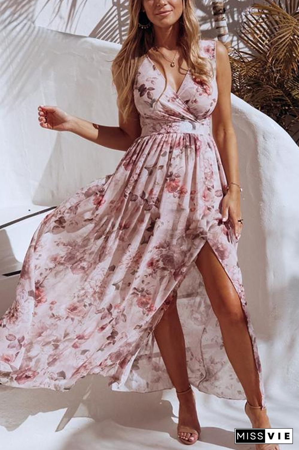 V Neck Floral Print Maxi Dress