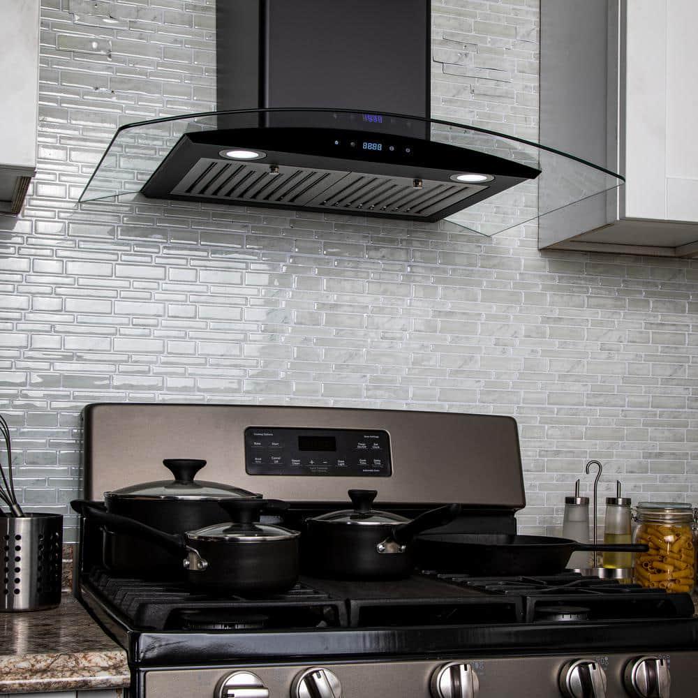 AKDY 30 in 217 CFM Convertible Black Painted Clear Wall Mounted Range Hood with 2 Set Charcoal Filter and LED lights