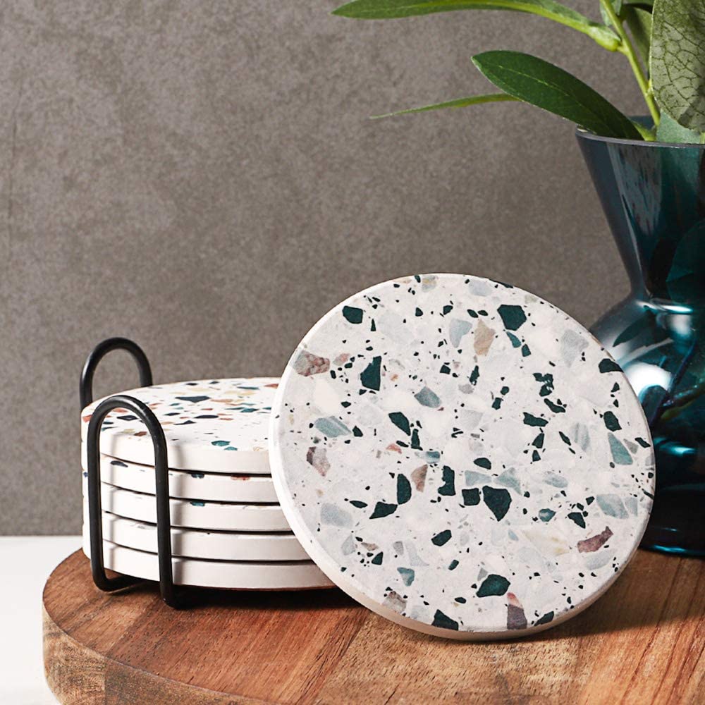 LIFVER Coasters for Drinks， Absorbent Coasters with Holder Set of 6， Avoid Furniture Being Scratched and Soiled， Housewarming Gift for Home Decor， 4 inches - Terrazzo