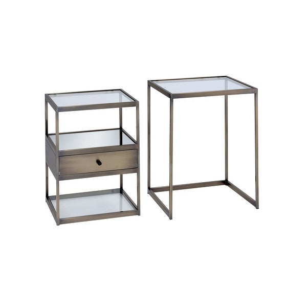 Enca Nesting Table Set (2Pcs Pack) with 1 Drawerand3 Glass Shelves -Gold