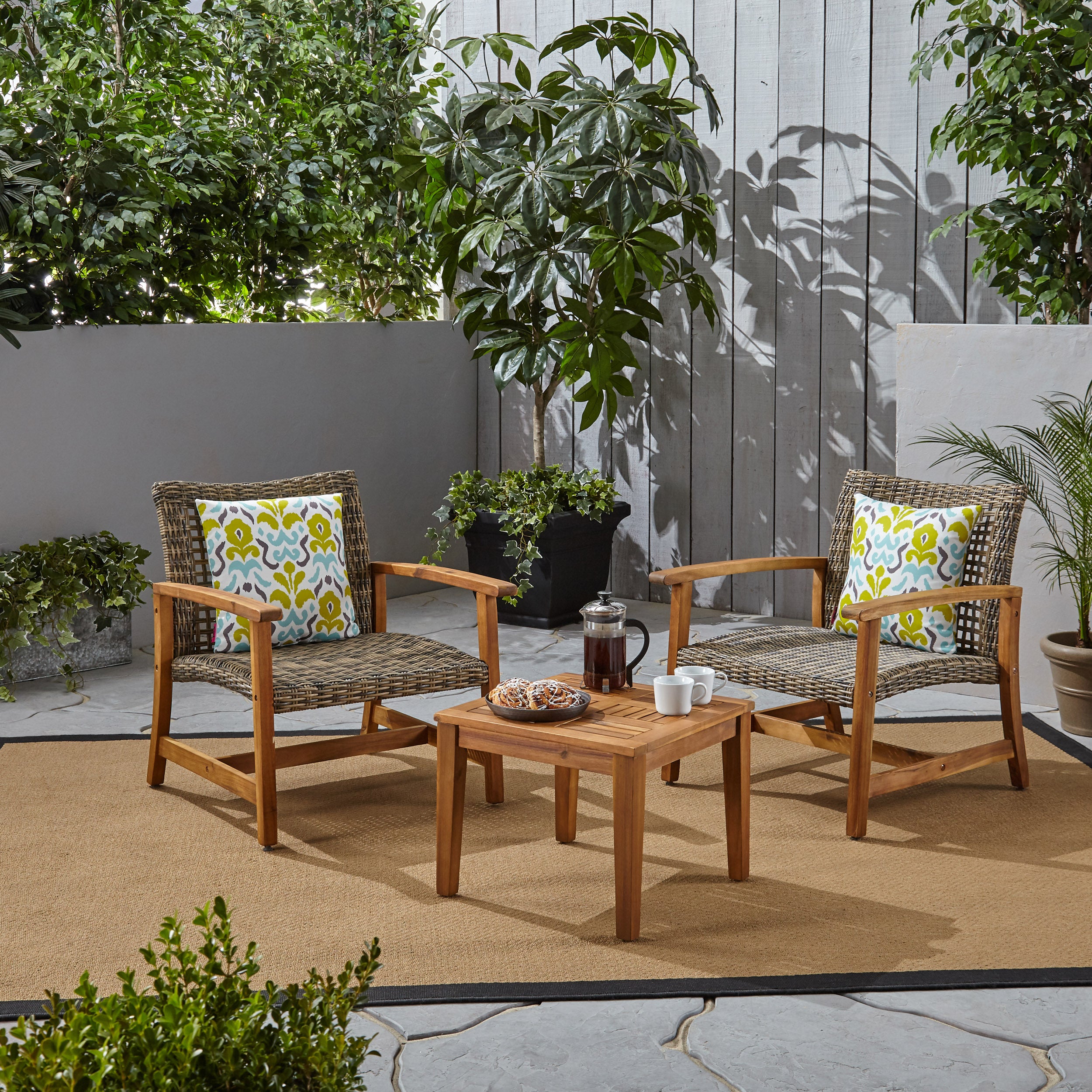 Alyssa Outdoor 3 Piece Wood and Wicker Club Chairs and Side Table Set