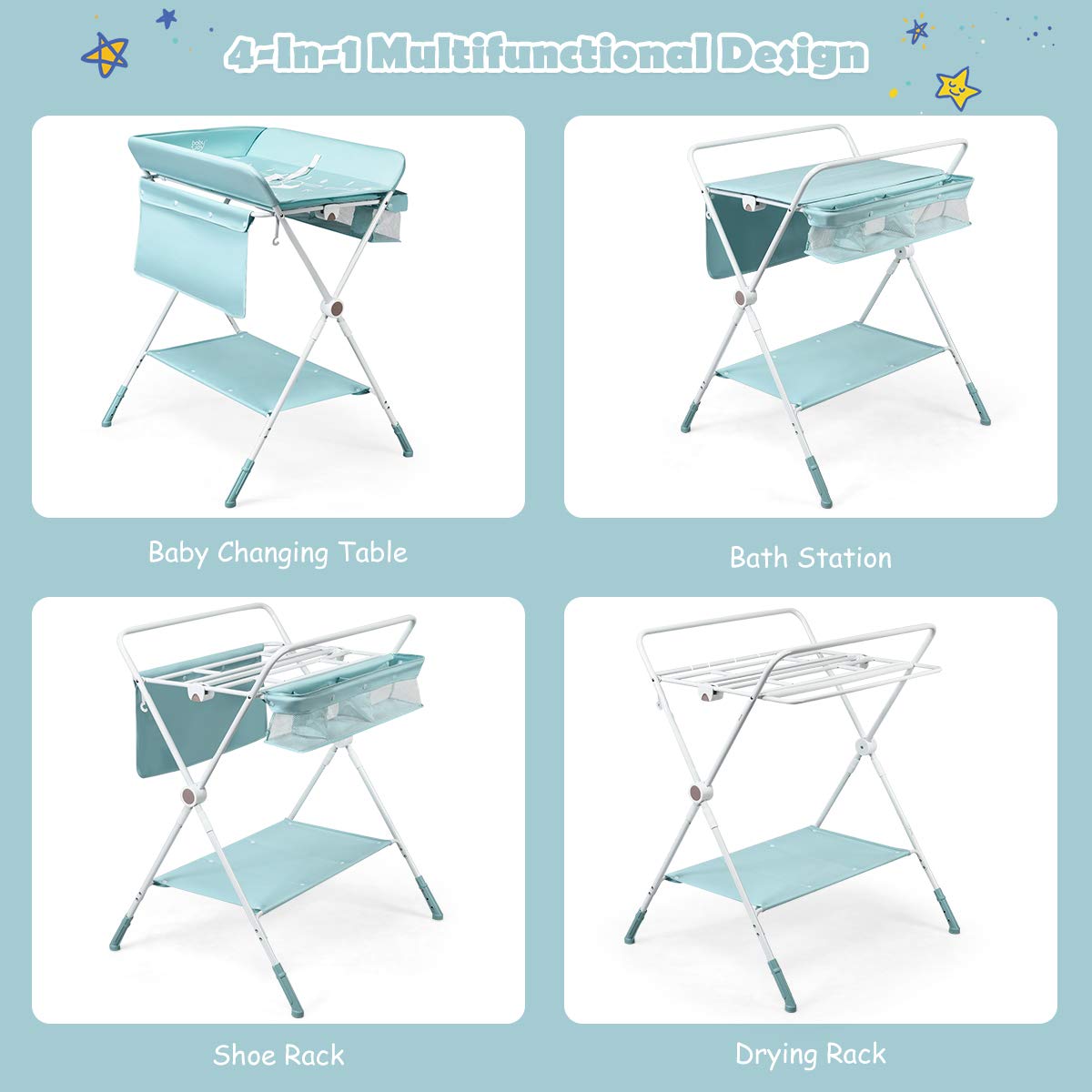 BABY JOY Baby Changing Table, Height Adjustable 4 in 1 Folding Diaper Station w/Detachable Wheels