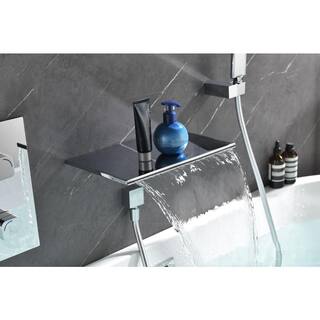 Lukvuzo Wall Mounted 2-Handle Waterfall Spout Freestanding Tub Faucet with Handheld Shower in Chrome HSSA08FS036