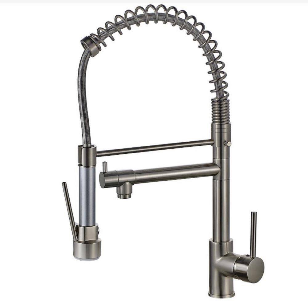 UKISHIRO Queen Single-Handle Pre-Rinse Spring Pull Down Sprayer Kitchen Faucet with Pot Filler in Brushed Nickel QJWYRA211020020