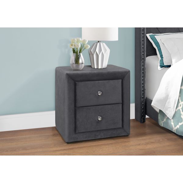 Bedroom Accent， Nightstand， End， Side， Lamp， Storage Drawer， Bedroom， Upholstered， Grey Velvet， Transitional