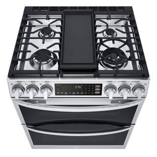 LG 6.9 cu. ft. Smart Slide-In Double Oven Gas Range with ProBake and InstaView in PrintProof Stainless Steel LTGL6937F