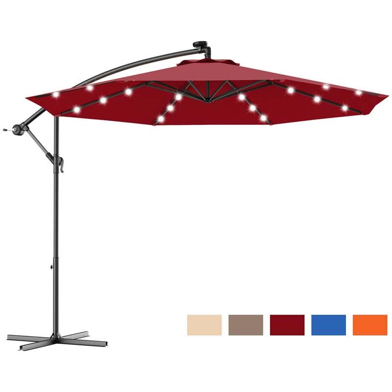 10 FT Offset Patio Umbrella with Solar LED Lights & Cross Base, Large Outdoor Cantilever Umbrella for Sun Rain