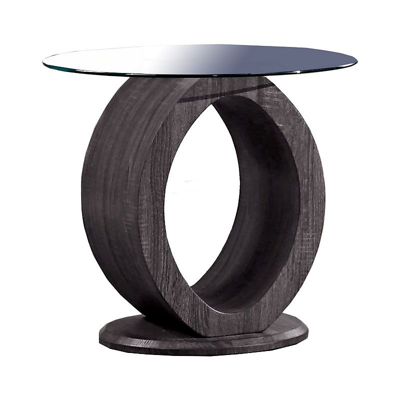 Tempered Glass Top End Table with O Shape Wooden Shape Base， Gray