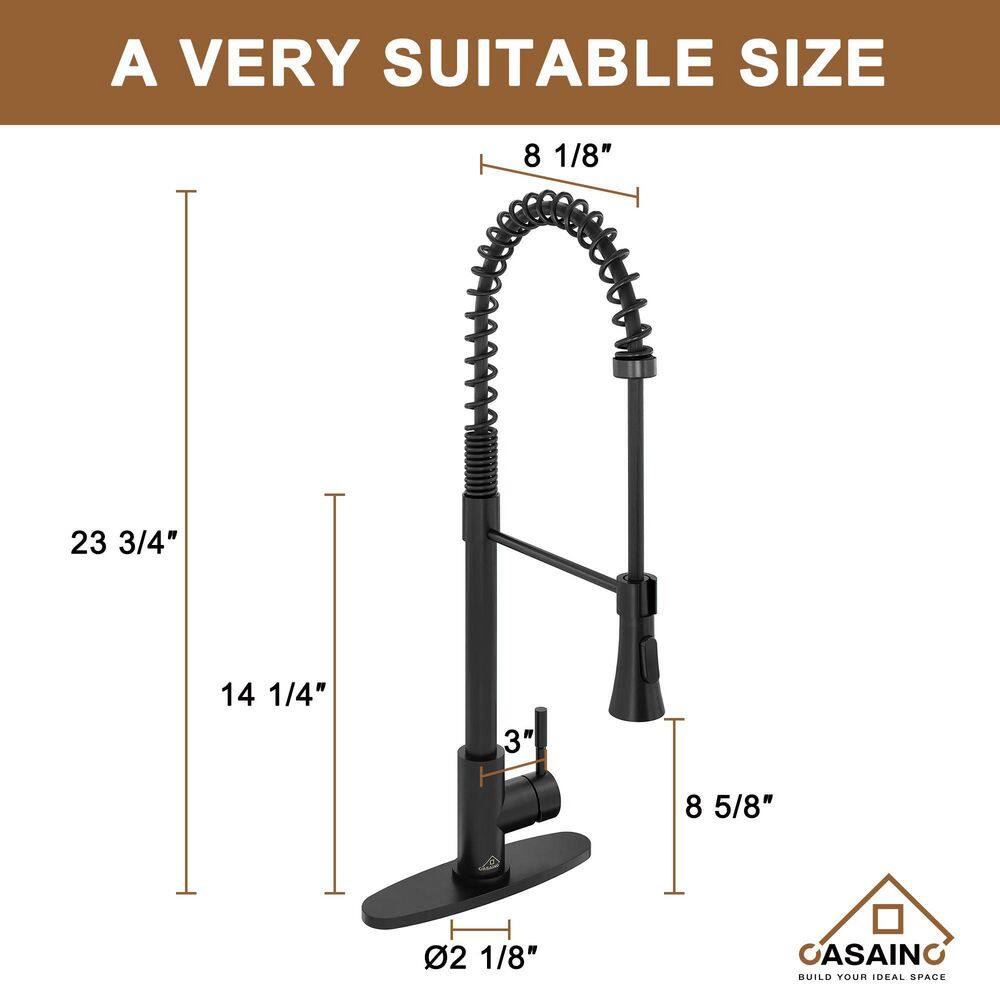 CASAINC Single-Handle Spring Pull Down Sprayer Kitchen Faucet in Matte Black with Dual Function Sprayhead and Deckplate CA-D0674-MB