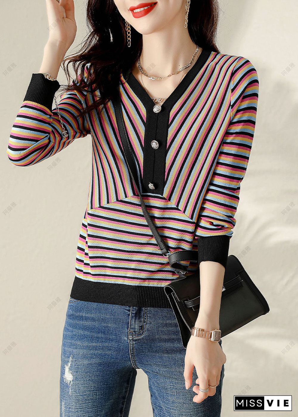 Plus Size V Neck Striped Patchwork Shirt Spring