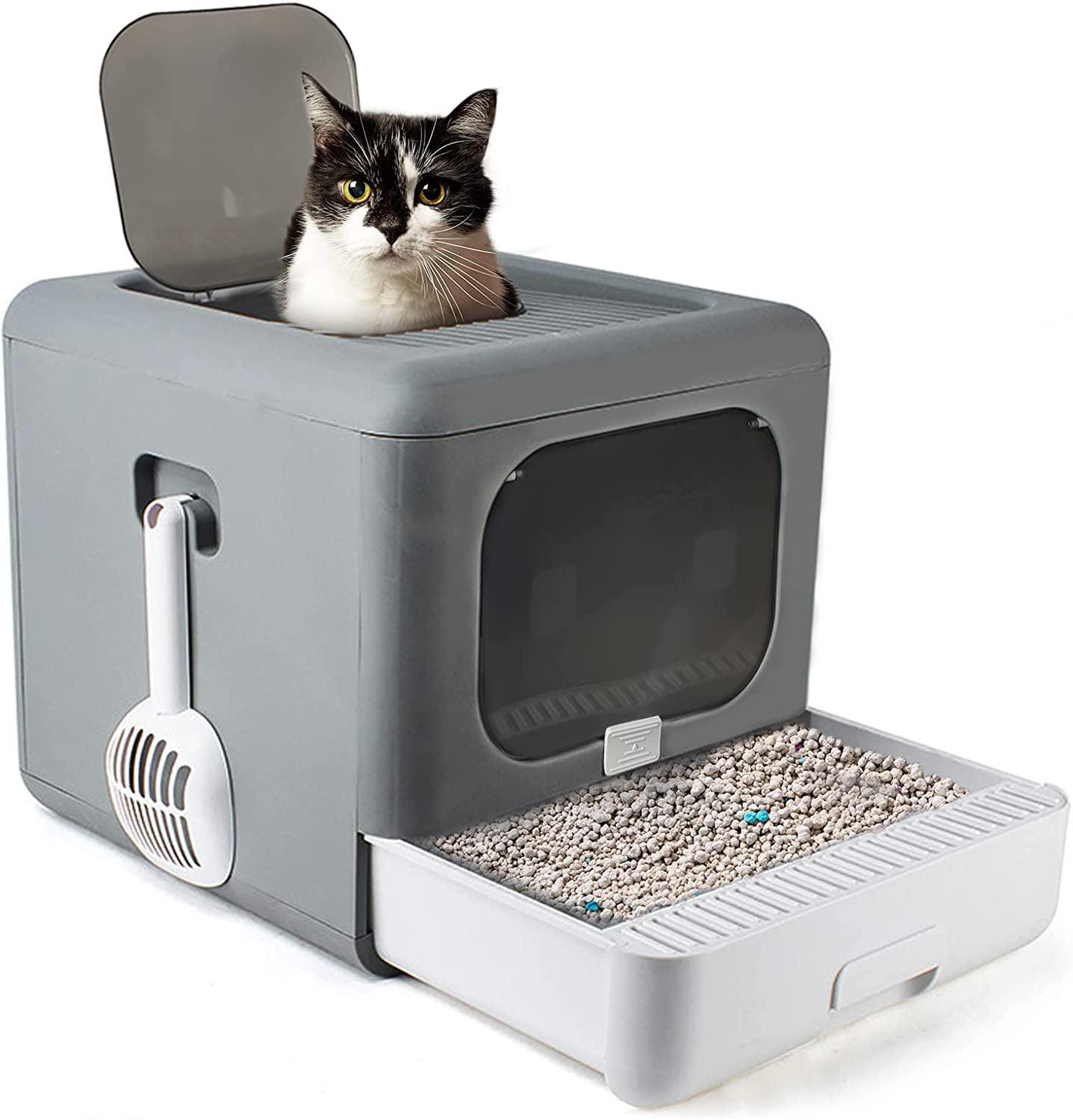 Hamiledyi Foldable Cat Litter Box with Lid， Enclosed Drawer Kitty Litter Pan Front and Top Entry Door Cat Potty with Plastic Scoop Anti-Splashing No Smell Easy to Scoop