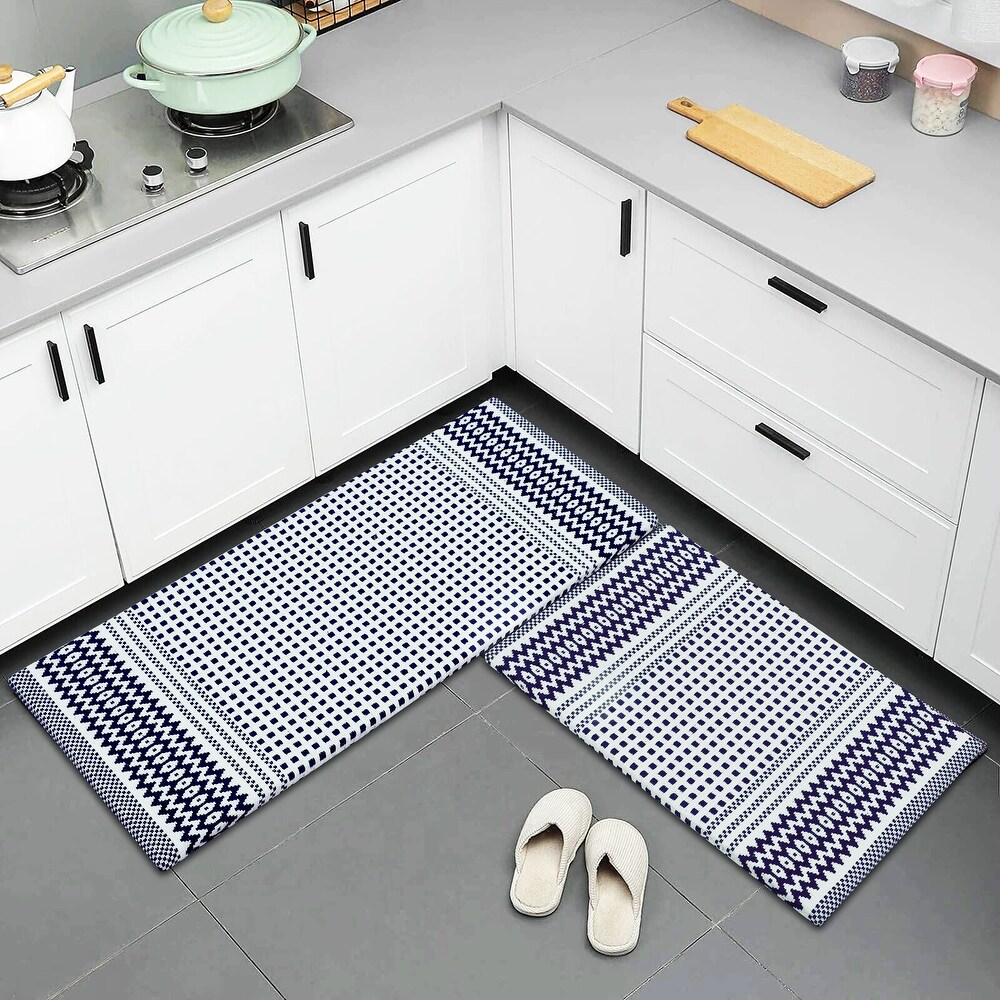 Anti Fatigue Standing Cushioned Kitchen Bath Mats [Set of 2] Woven Cotton  Waterproof  Non Slip  for Office  Sink  Laundry