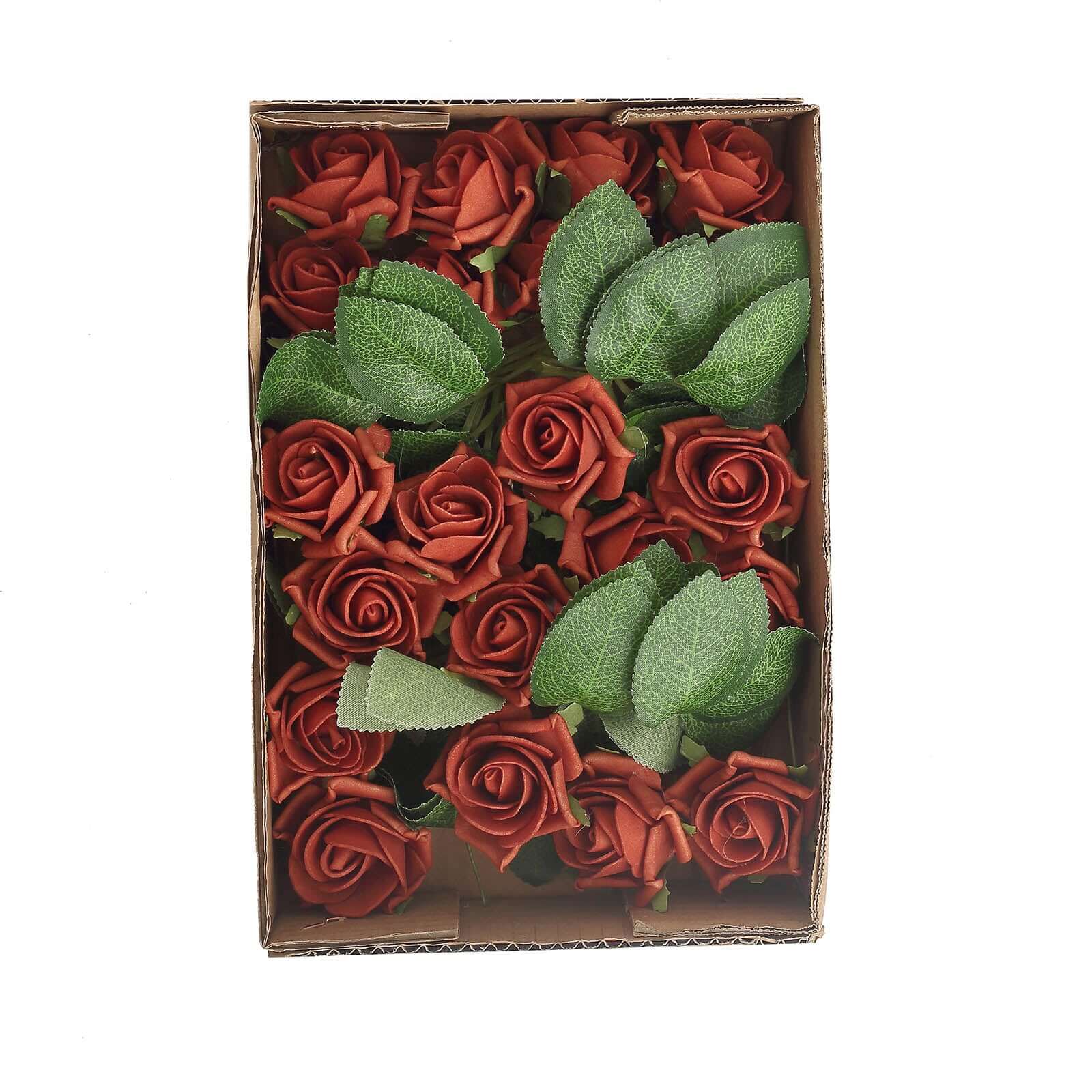 24 Roses Terracotta (Rust) Artificial Foam Flowers With Stem Wire and Leaves 2