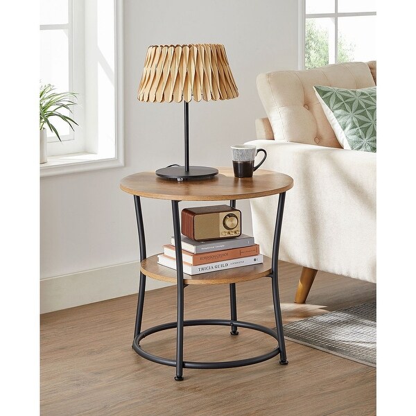 Side Table， Round End Table with 2 Shelves， Living Room， Bedroom， Easy Assembly， Steel Frame， Rustic Walnut and Black