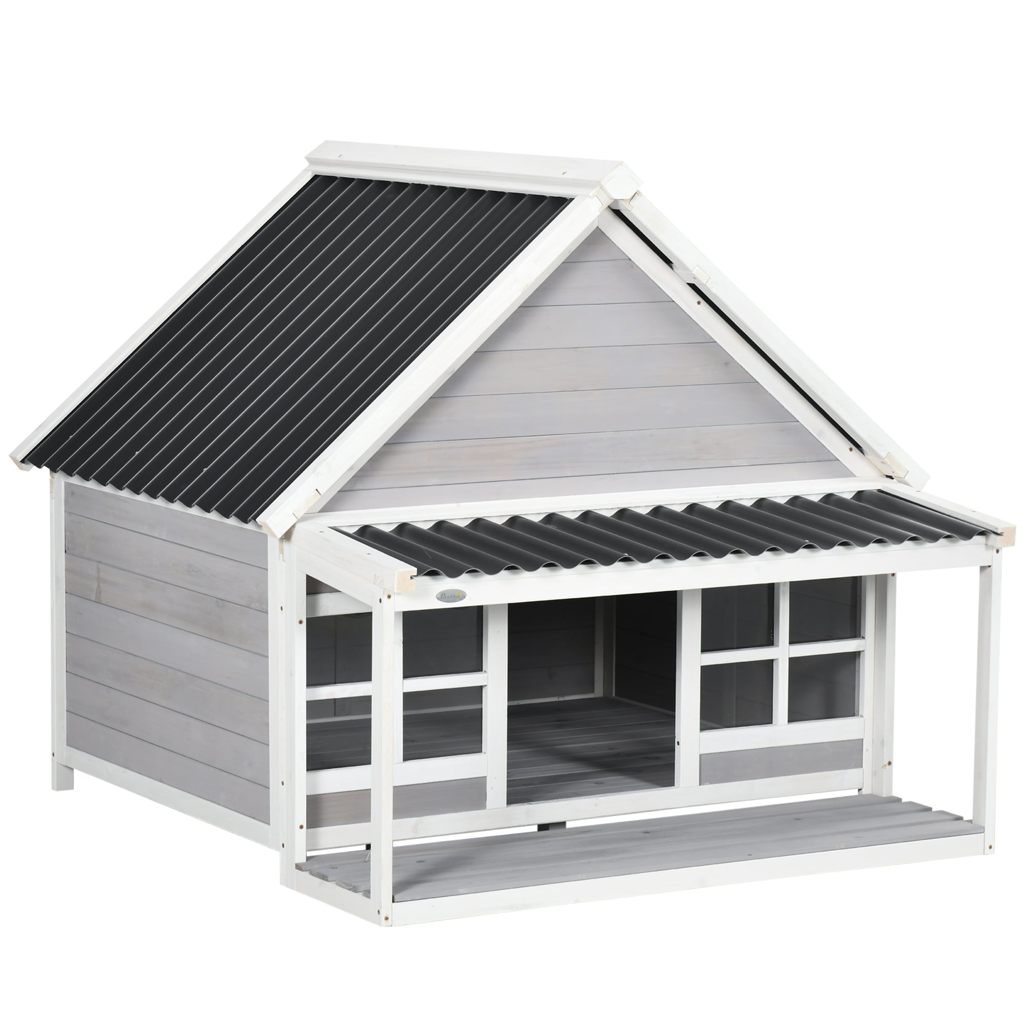 PawHut Wooden Dog House Outdoor with Porch， Cabin Style Raised Dog Shelter with PVC Roof， Front Door， Windows， for Large Medium Sized Dog